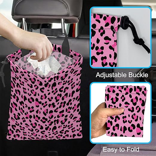 Car Trash Bag Pink Leopard Print Car Garbage Bag Hanging Car Trash Can for Back Seat with Drawstring