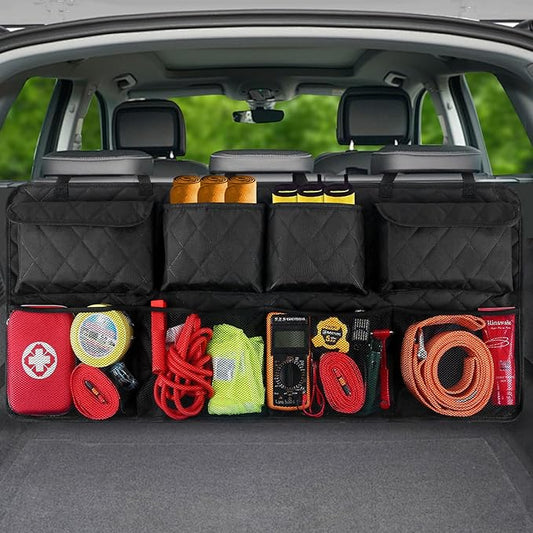 Car Trunk Hanging Organizer 3D Textured Ripple Design, Cotton-Padded Farewell to Collapse, Reinforced Stitching, Extra-Wide Pocket, Backseat Grocery Storage Bag with 8 Pockets for SUV,Truck,Van