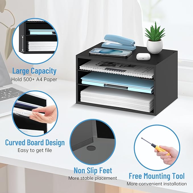 Wood Desk Organizer, 3 Tier Paper Tray Organizer for Desk with Adjustable Storage Shelves, Printer Stand Desktop File Organization Paper Sorter Mail Holder for Office Home Classroom, Black