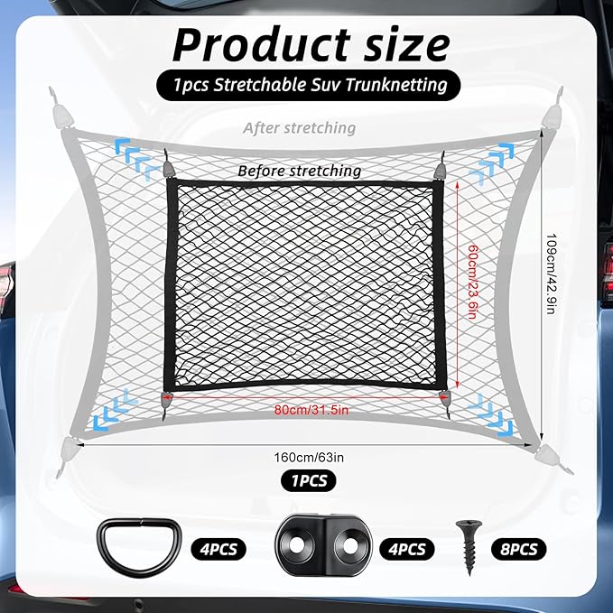 Elastic Cargo Net for SUV with Hooks, Net Stretchable Mesh Organizer 32" x 24" Stretch to 63" x 43", Rear Trunk Bed Netting Cover, Elastic Cargo Net with Fixing Hooks D-Rings, Road Trip Essentials