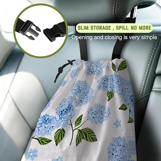 Car Trash Bag Blue Hydrangeas Floral Hanging Drawstring Car Organizer and Storage Bag with Adjustable Buckle Canvas Garbage Bin for Back Seat or Hanging Headrest Road Trip Essentials