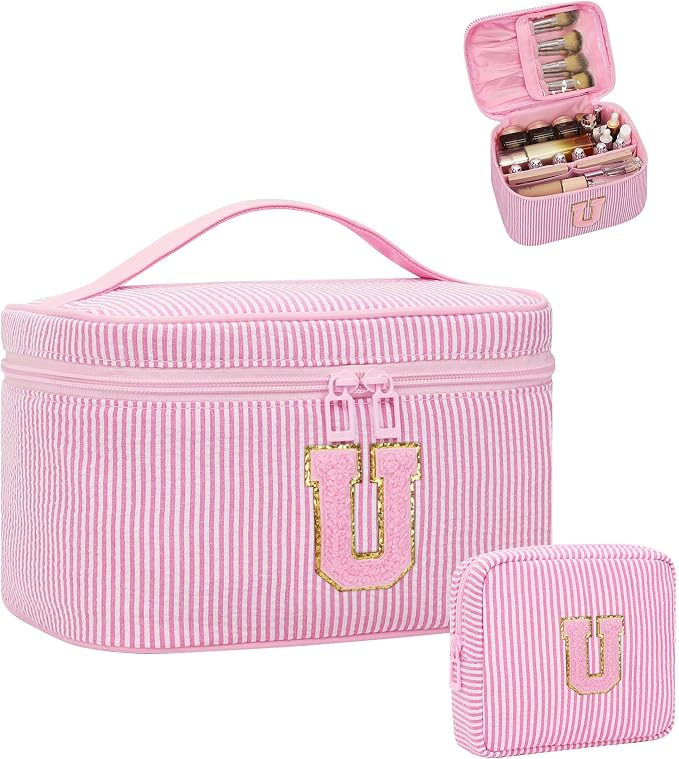 MONSTINA Period Bag Sanitary Napkin Storage Bag|Tampon Pouch Portable Feminine Care First Period Kit for Teen Girls Women Gift for Her Monogram Initial Cute Toiletry Bag,2PCS,Pink U