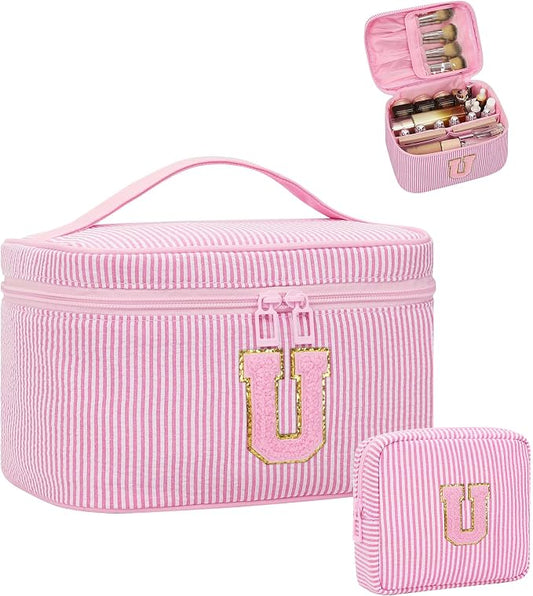 MONSTINA Period Bag Sanitary Napkin Storage Bag|Tampon Pouch Portable Feminine Care First Period Kit for Teen Girls Women Gift for Her Monogram Initial Cute Toiletry Bag,2PCS,Pink U