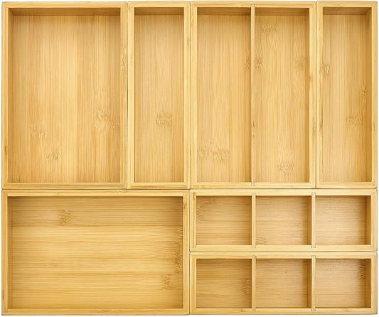 Vtopmart Bamboo Drawer Organizer Boxes - Set of 7 Multi-purpose Wooden Storage Dividers for Kitchen, Bathroom, Office, Desk, Makeup, Jewelry & More, Non-Slip Junk Drawer Organizer Trays for Storage