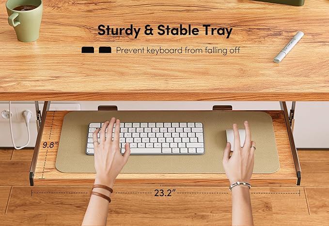 BANTI 55" x 24" Height Adjustable Electric Standing Desk with Keyboard Tray, Sit Stand up Desk with Splice Board, White Frame/Light Rustic Brown Top