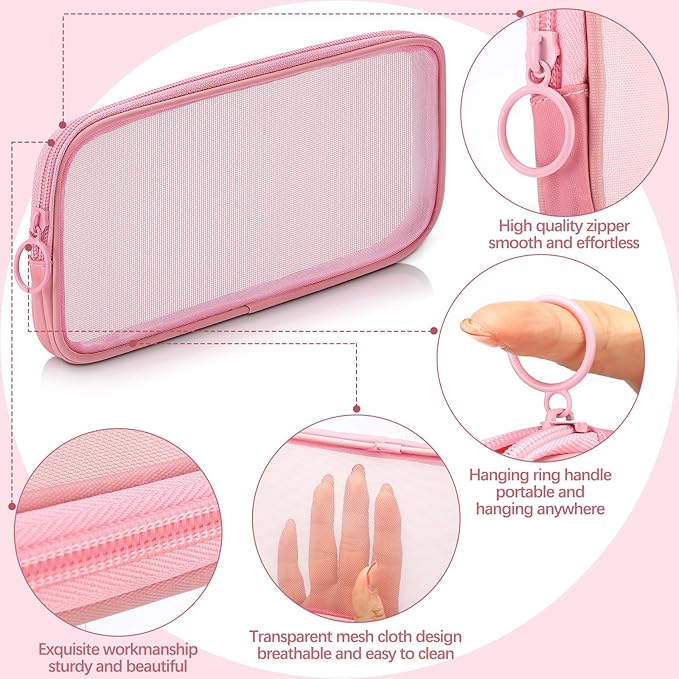 Weewooday 4 Pcs Mesh Makeup Bag Mesh Cosmetic Bag Toiletry Pouch with Zipper Mini Makeup Cosmetic Purse for Daily Accessory(Medium,Pink)