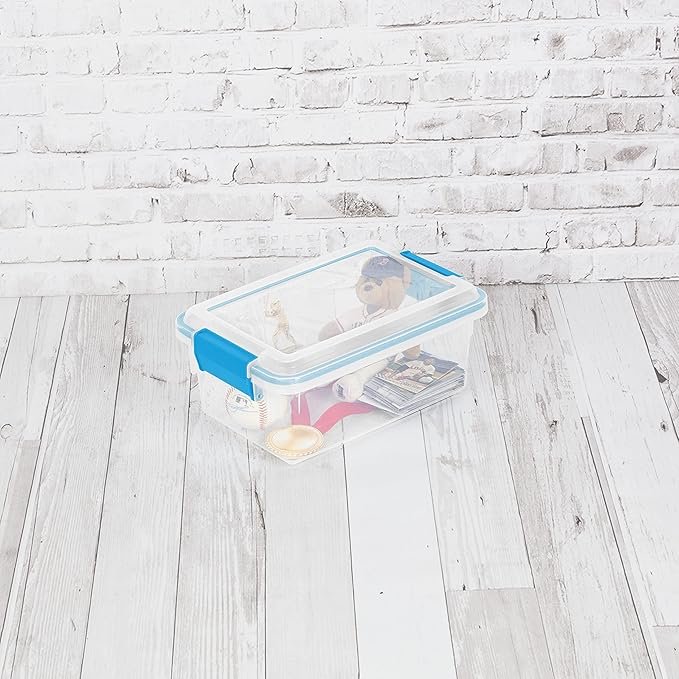 Sterilite 7.5 Qt Gasket Box, Stackable Storage Bin with Latching Lid and Tight Seal, Plastic Container to Organize Basement, Clear Base, Lid, 6-Pack