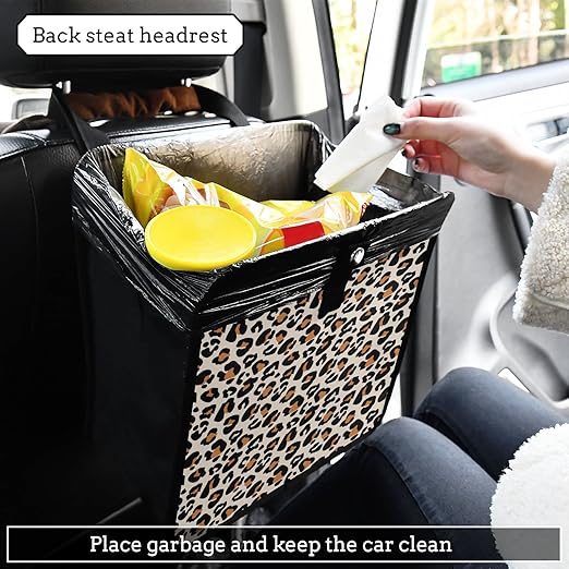 Leopard Car Trash Can Animal Cheetah Print Foldable Hanging Car Trash Bag Bin Auto Garbage Can Leak-Proof Car Organizer(Large)