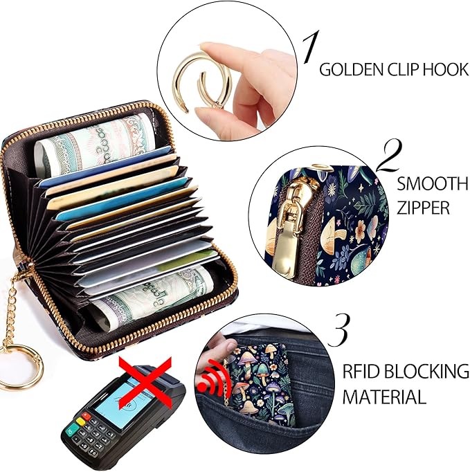 Credit Card Holder RFID Wallet, Small Card Holder Wallet for Women with Keychain Zipper, Funny Leather Print Credit Card Wallets Accordion Gift