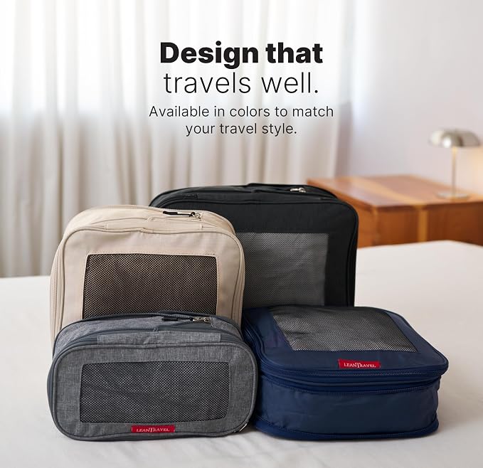 LeanTravel Premium Compression Packing Cubes for Travel - Suitcase Organizer Bags with Double Zipper & Breathable Mesh Panel - Space Saving Carry On Luggage Essentials (4-Pack, Sand)