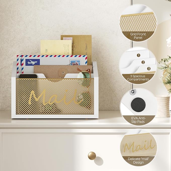 YATINEY Mail Organizer Countertop, Mail Holder with 3 Slots, Mail Sorter for Desk, Wooden Office Desk Organizer, Mail Organizer for Magazines, Files, Papers, Folders, White and Gold MR03DW