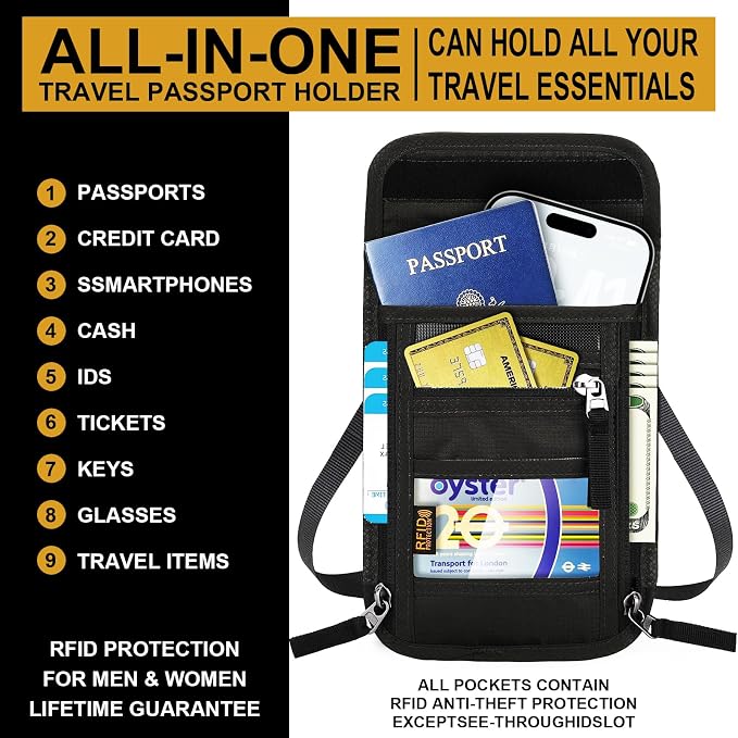 Travel Neck Wallet with RFID Blocking & Passport Holder - Large Capacity Hidden Pouch for Phone, Cash, Cards, ID | Slim Fit, Anti-Theft Organizer for Airports, Sightseeing