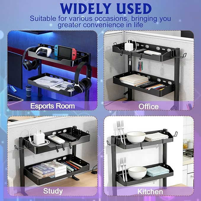 2-Tier Clamp on Desk Shelf, Dual-purpose Desk Organizer (Used on or Under Desk Storage), Desk Shelf Clamp with Hooks and High Load-bearing capacity, Suitable for Office Desk, Gaming Accessories