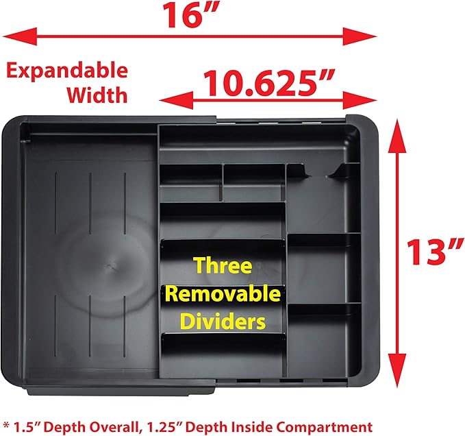 Officemate Expandable Drawer Organizer Tray, Adjustable 10.3"–16" Width, Customizable Compartments with Dividers, Recycled Plastic, Black