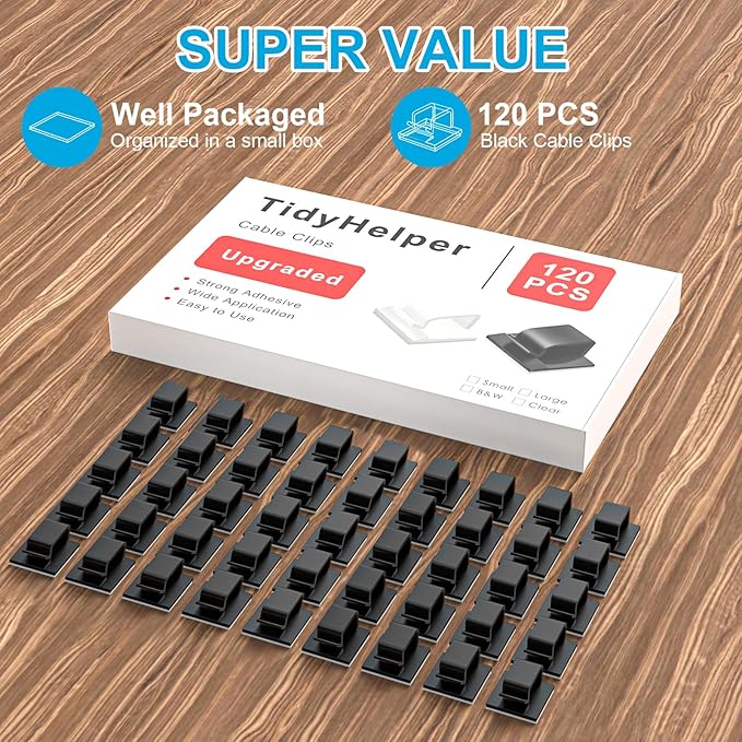 120 PCS Cable Clips, Adhesive Cord Clips for Wires on Wall, Strong Wire Clips Holders Cord Organizer for Cable Management, Christmas Lights, USB, Phone Charger, Cat 6, Car Dash Cam (Large, Black)