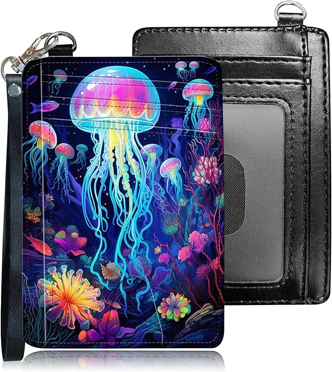 Slim RFID Blocking Card Holder Wallet with Wrist Strap - Minimalist Front Pocket Wallet, Colored jellyfish Design, PU Leathe, for Men & Women, Ideal for Travel & Gifts