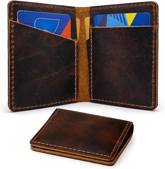 Credit Card Case Holder, Genuine Leather Bifold Wallet for Men and Women, Slim Minimalist Front Pocket Card Holder for Credit and Debit Cards, 4x3 Inches, Brown