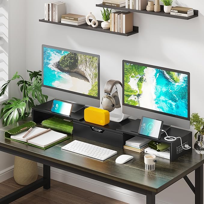 Elephance Dual Monitor Stand with USB Ports,Wood Computer Monitor Stand Riser with Drawer,Adjustable Desk Shelf,Desk Organizer for Computer,Laptop,No Assembly Required,Black