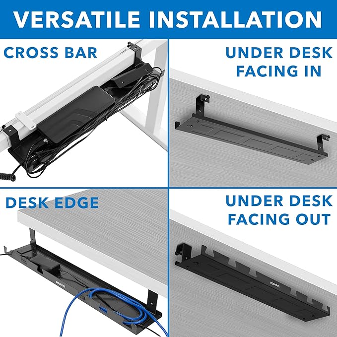Mount-It! Premium Under Desk Cable Management Tray – 23" Heavy-Duty Steel Cable Tray & Cord Basket for Standing Desk & Home Office, Secure Crossbar or Screw Mount Wire Organizer (Black)