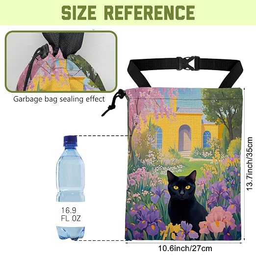 Floral Black Cat Car Trash Bag Vintage Spring Garden Hanging Canvas Car Trash Bag Waterproof Drawstring Car Back Seat Organizer for Car Back Front Seat Console with Adjustable Buckle