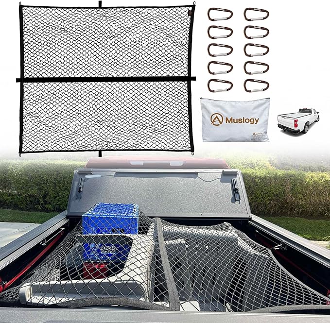 Muslogy Truck Bed Cargo Net Trunk Netting Compatible with Pickup Bed Stretchable 4'x4' to 7'x7' Accessories, Pickup Cargo Organizer SUV Sedan Storage Net w/Heavy Duty Carabiners