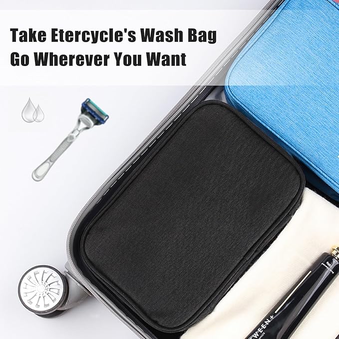 Etercycle Compact Travel Toiletry Bag for Women & Men, Waterproof Hanging Shower Organizer with Hook, Portable Foldable Wash Pouch for Bathroom/Shaving/Camping - Small-Size Space-Saving Design- Black
