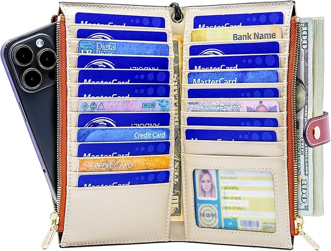 ANDOILT Women's Genuine Leather Wallet RFID Blocking Credit Card Holder Zipper Purse Cell Phone Handbag
