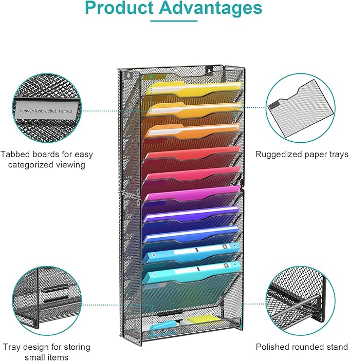 12 Tier Wall File Organizer, Mesh Letter Magazine Mail Wall File Holder Rack Hanging File Organizer With Flat Tray For Office Home, Black