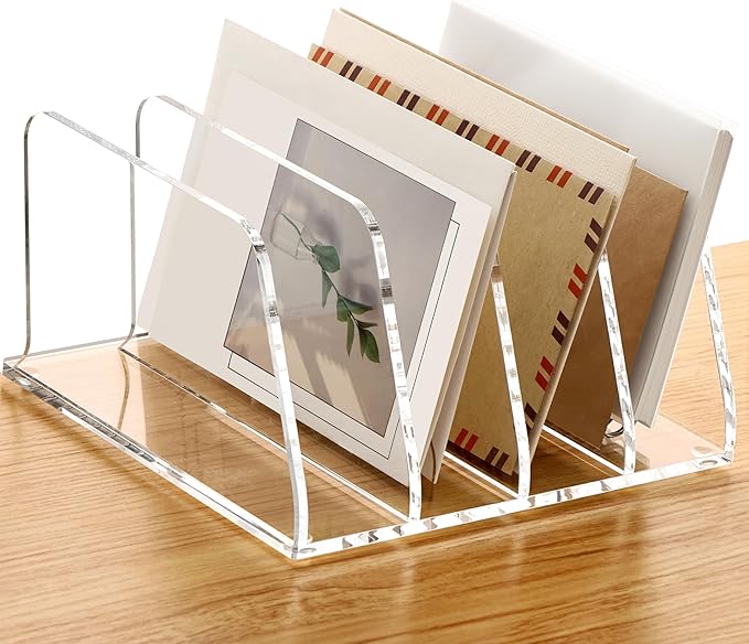 SANRUI Acrylic Mail Sorter Desktop Organizer, 4 Compartments Clear Small File Script Letter Document Storage for Desk Bill Filling Envelope Holder Office, Home, School Organization