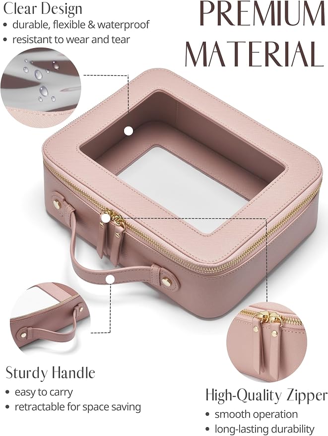 Popvibe Clear Makeup Case Set Pink Toiletry Bag Travel Large Clear Cosmetic Bag with Zipper, Big Make Up Bag Organizer Women Traveling TSA Approved Transparent Bag Car for Essentials
