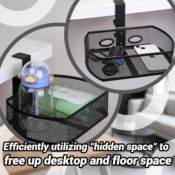 Clamp-On Hanging Desk Organizer - Metal Under-Desk Storage with Clamp Mount, Desk Attachments for Home/School/Office, Essential Office Supplies