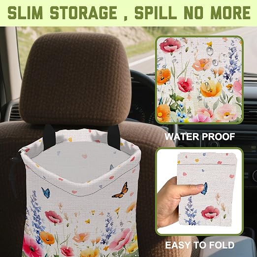 Car Trash Bag Watercolor Wildfloral Butterfly Hanging Drawstring Car Organizer and Storage Bag with Adjustable Buckle Canvas Garbage Bin for Back Seat or Hanging Headrest Road Trip Essentials