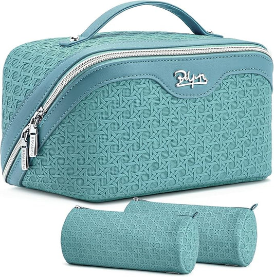 BOYATU Travel Makeup Bag Cosmetic Bags for Women: Large Capacity 3 Pcs Set Make up Bag with Compartments - Waterproof Vegan Leather Toiletry Organizer Bags with Handle (M-75Blue)