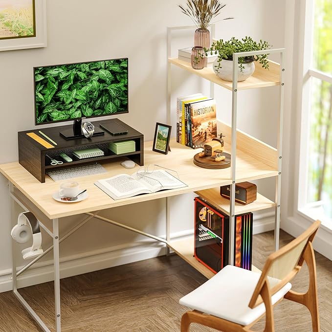 Simple Trending Monitor Stand Riser, 2-Tier Wood Office Desk Storage Organizer for Laptop, Computer