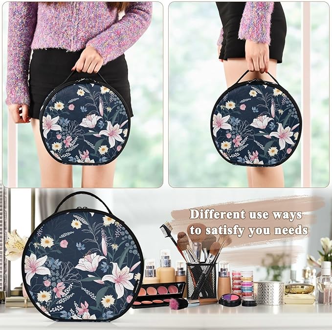 senya Round Cosmetic Pouch Travel Makeup Train Case Vintage Flower Ornament Makeup Organizer Bag with Adjustable Dividers Portable for Cosmetics Makeup Brushes Toiletry Jewelry Accessories