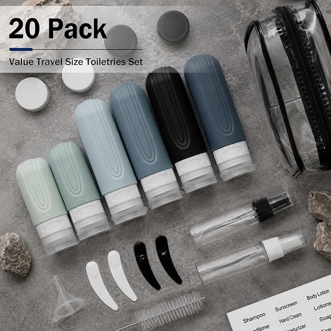 20 Pack Travel Bottles for Toiletries, TSA Approved Travel Size Containers, Leakproof Silicone Bottles and Shampoo Conditioner, Women Men Essential Toiletry Accessories.