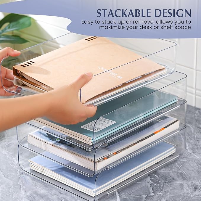 CiWiVOKi 4 Trays Paper Organizer Letter Tray, Acrylic Clear PET Desk File Organizer, Stackable Paper Holder Sorter for Desk Accessories, Files, Documents, iPad, Books, A4 Size, No Assembly Required