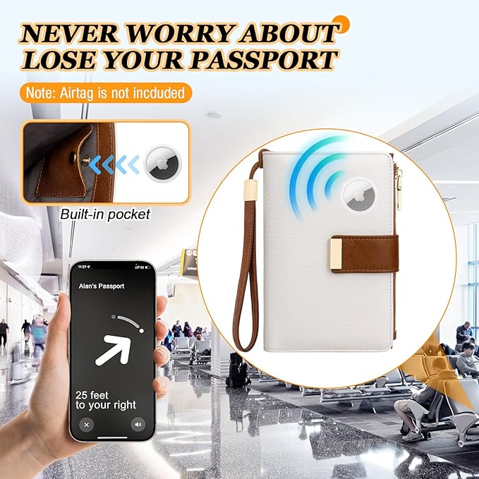 HUANLANG Passport Holder with Airtag for Women/Men, Airtag Passport Wallet for Travel Leather Passport Holder RFID Blocking,Travel Passport Walelt with Credit Card Holder