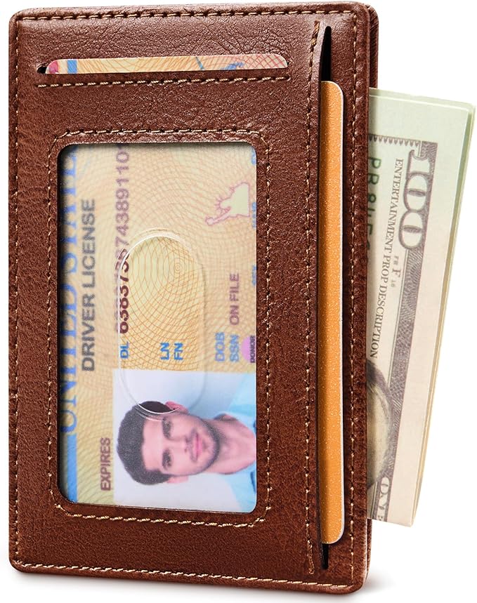 Travelambo 100% Genuine Leather Wallet for Men and Women, Slim Minimalist RFID Blocking Front Pocket Credit Card Holder with Gift Box(Brick Brown)