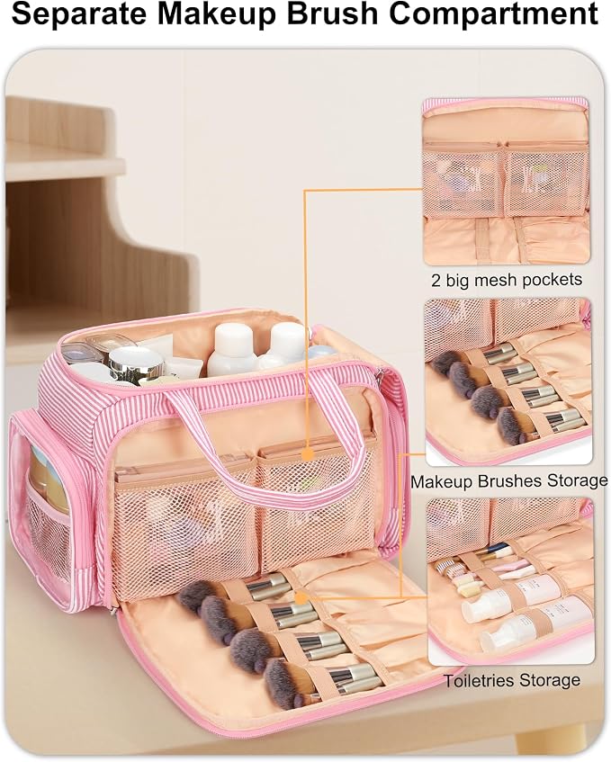 Travel Makeup Bag, Lightweight Wide-open Toiletries Bag for Women, Large Cosmetic Organizer Bag with Makeup Brushes Compartment for Travel-Sized Essentials for Trip, Camping - Pink Strip