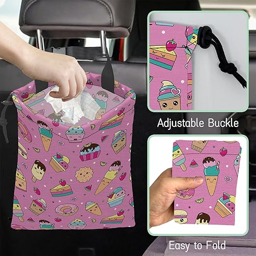 Sweets Ice Cream Car Garbage Bag,Kawaii Dessert Waterproof Small Car Trash Bag Hanging Back of Seat,Drawstring Hanging Car Trash Bag with Adjustable Buckle for Car Accessories