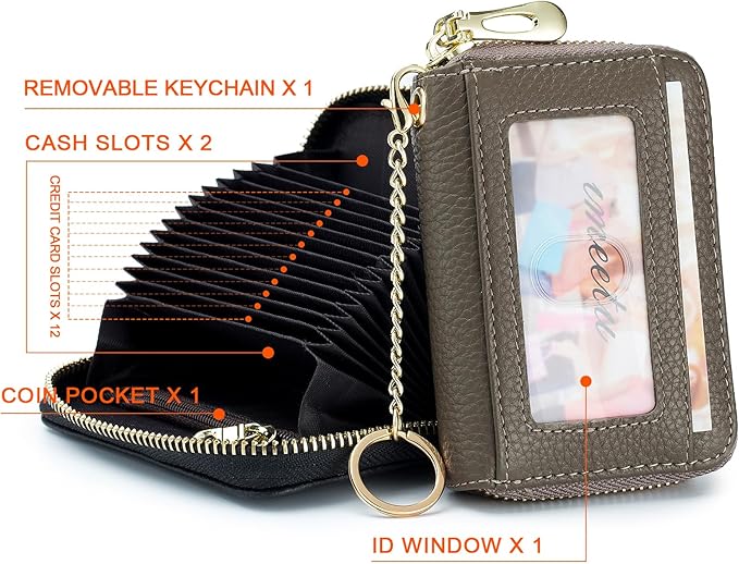 imeetu RFID Credit Card Holder, Small Leather Zipper Card Case Wallet for Women
