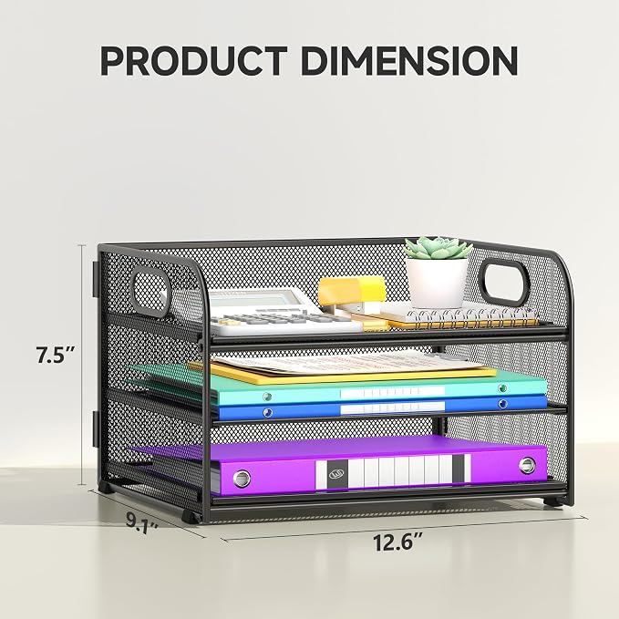 Cawukege 3 Tier Paper Organizer with Handle, Metal Desk Organizer Mesh Paper Letter Tray Desktop File Folder Document Sorter for Classroom, School, Office Accessories Storage (1, Black)