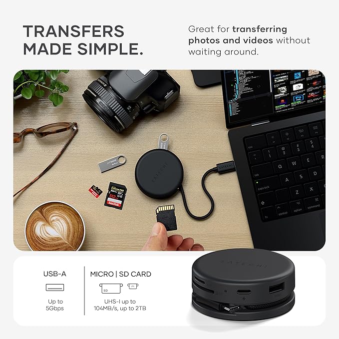 Satechi OntheGo??7-in-1 USB-C Hub, Compact Magnetic Multiport Adapter, 100W PD, HDMI 4K/60Hz, Gigabit Ethernet, 2×USB-A 5Gbps, SD/microSD Reader, Coiled Cable, for Mac & Windows ??Space Black
