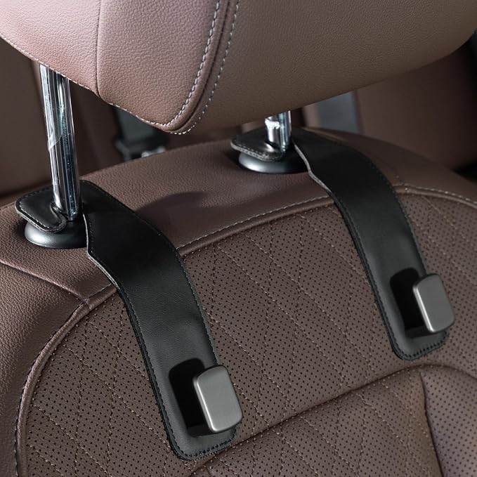 CoBak Headrest Hooks for Car - Universal Premium Stitched Leather and Aluminum-Magnesium Alloy Single Car Seat Back Storage Hook for Purses, Handbags, Bags (2 Pack),Black