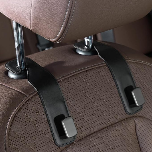 CoBak Headrest Hooks for Car - Universal Premium Stitched Leather and Aluminum-Magnesium Alloy Single Car Seat Back Storage Hook for Purses, Handbags, Bags (2 Pack),Black