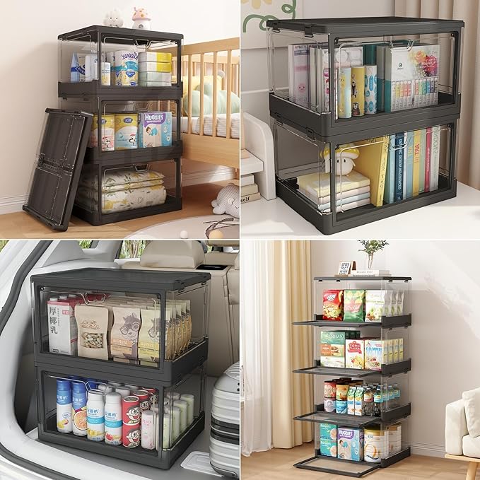 HYBRIDEAS 3-Pack Clear Stackable Storage Bins with Lids Magnetic Doors Open Front Foldable Folding Plastic Craft Containers Large Closet Organizers Box for Bedrooms Living Rooms Study 24 QT