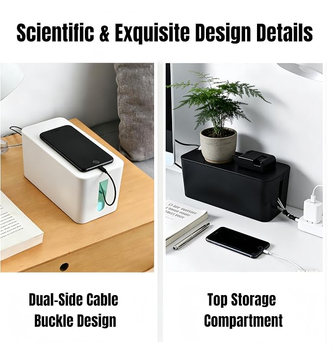 1 Large + 1 Small Cable Management Box Set – 2-Piece Cord Organizer Box, Home Office Desk Wire Storage & Cable Management Solution (Acryliclid lid/White)