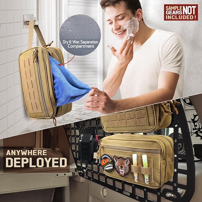 RXW EDC Toiletry Bag for Men, Tactical Dopp Kit, Molle Pouches Compact Travel Organizer for Shaving Shower, Hygiene, Grooming (Includes Dry/Wet Compartment & US Flag Patch)