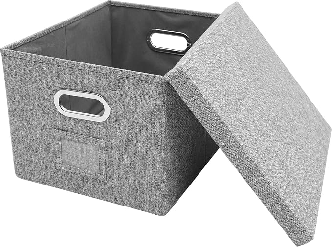 COHEALI Desktop File Organizer Box with Lid, Portable Document Storage Container for Office Desk, Gray Stackable File Storage Box for Letter and Legal Papers